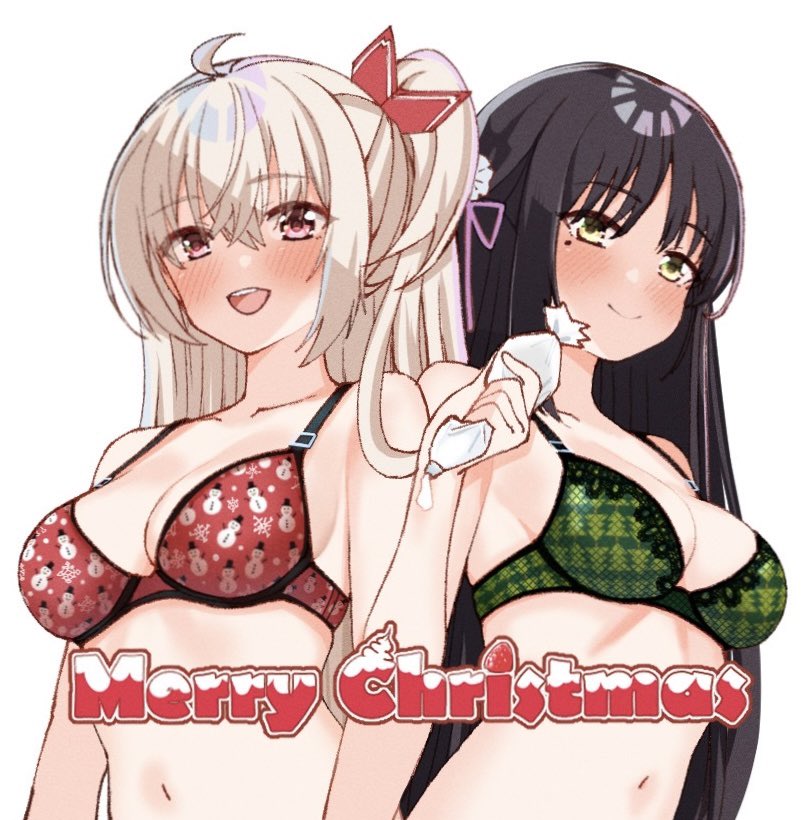 2girls :d ahoge akizuki_kanna bare_shoulders black_hair bra breasts brown_hair cafe_stella_to_shinigami_no_chou christmas_tree_print cleavage closed_mouth collarbone cream crossed_bangs eyes_visible_through_hair green_bra hair_between_eyes hair_ribbon hand_up holding long_hair looking_at_viewer medium_breasts merry_christmas mole mole_under_eye multiple_girls navel one_side_up open_mouth pink_ribbon print_bra red_bra red_eyes red_ribbon ribbon shiki_natsume side-by-side simple_background smile snowman_print straight_hair teeth tft_(tft7822) tsurime underwear underwear_only upper_body upper_teeth_only very_long_hair white_background yellow_eyes