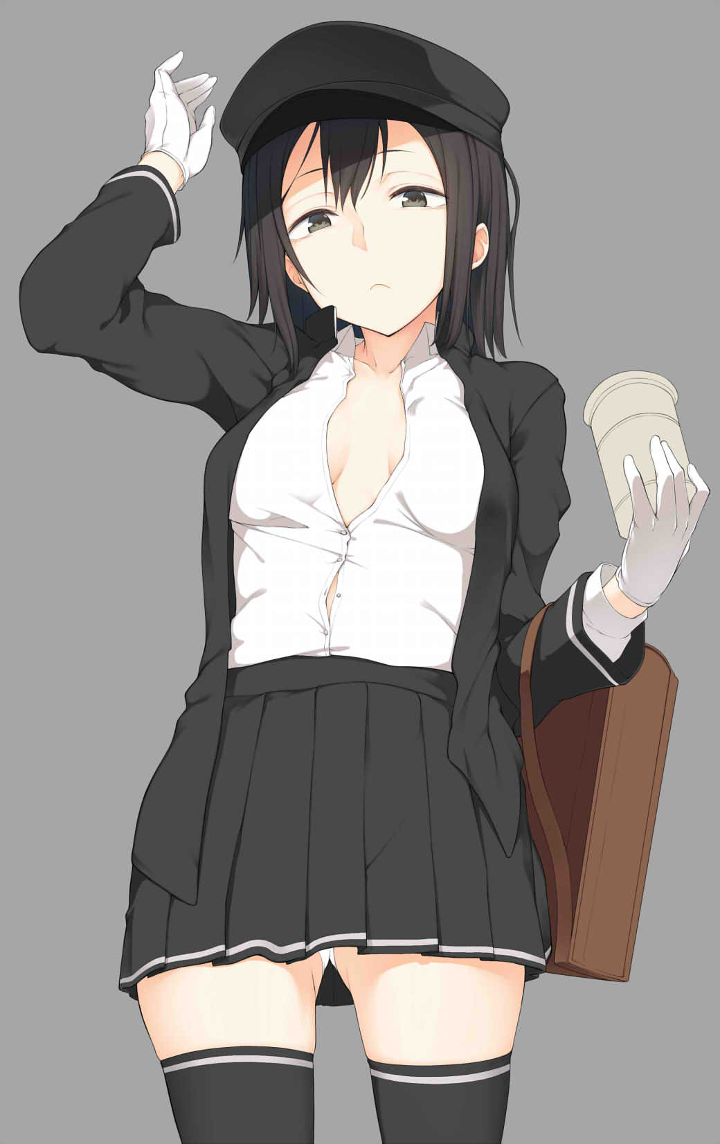 10s 1girl akitsu_maru_(kancolle) arm_up bag black_hair black_hat black_jacket black_thighhighs blouse breasts closed_mouth collarbone collared_shirt cowboy_shot cup expressionless female_focus from_below gloves green_eyes grey_background hat head_tilt highres holding holding_cup jacket jpeg_artifacts kantai_collection legs_apart long_sleeves looking_at_viewer looking_down no_bra open_clothes open_jacket panties pantyshot pleated_skirt shirt short_hair simple_background skindentation skirt small_breasts solo spirytus_tarou standing thighhighs underwear white_gloves white_panties white_shirt wing_collar zettai_ryouiki