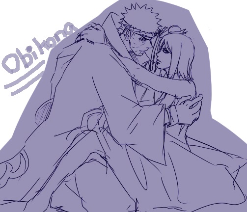 1boy 1girl akatsuki_uniform arms_around_neck dress face_piercing hair_bun harakara12 konan_(naruto) labret_piercing naruto_(series) naruto_shippuuden scar scar_on_face sitting uchiha_obito