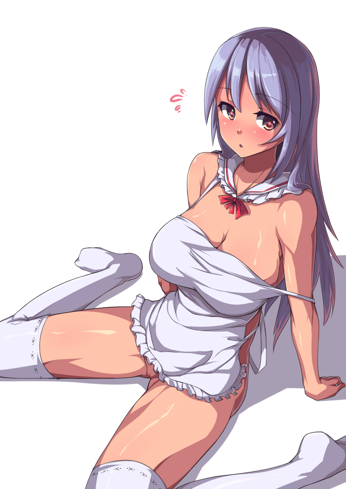 1girl apron arm_support blush breasts brown_eyes cleavage collarbone female_focus large_breasts long_hair naked_apron open_mouth original pussy saiste shadow silver_hair simple_background sitting solo strap_slip thighhighs uncensored wariza white_thighhighs