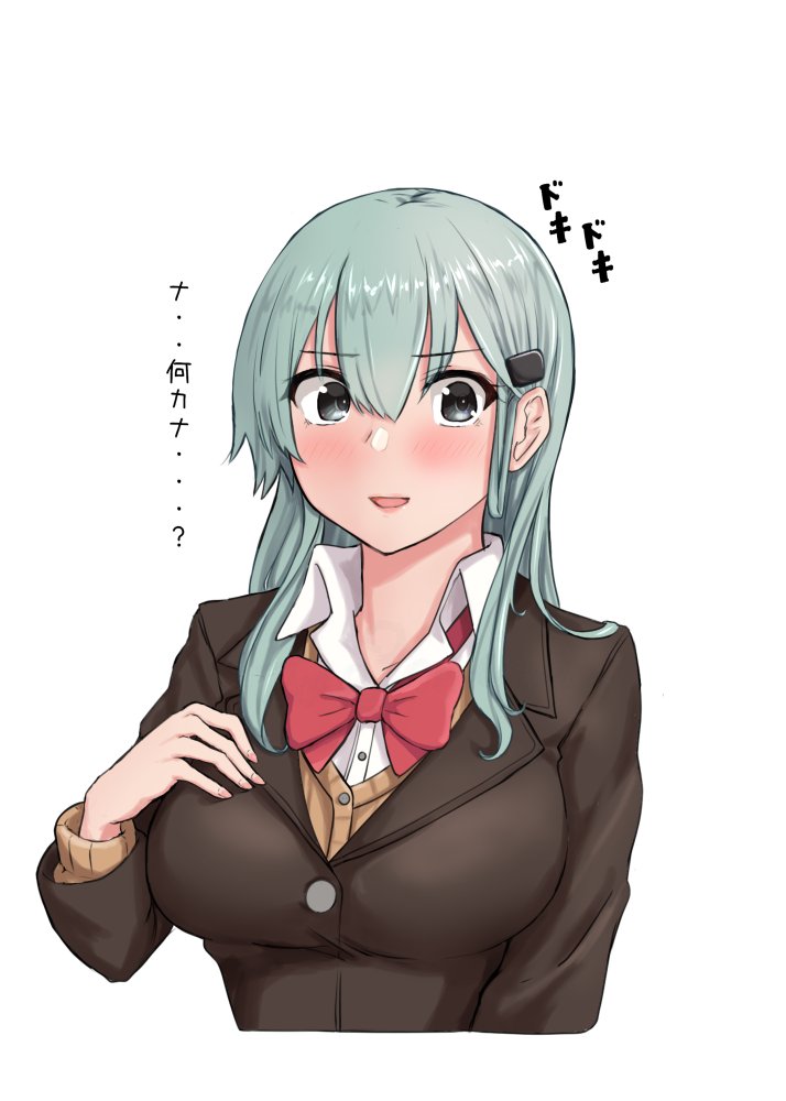 1girl aqua_hair blazer bow bowtie brown_jacket cardigan collared_shirt commentary_request cropped_torso dress_shirt green_eyes hair_ornament hairclip jacket jouzaburou_(joe3) kantai_collection long_hair looking_at_viewer negative_space red_bow red_bowtie shirt simple_background solo suzuya_(kancolle) suzuya_kai_ni_(kancolle) translation_request upper_body white_background white_shirt