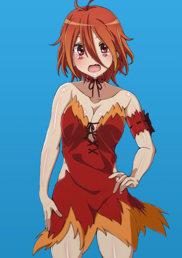1girl amagi_brilliant_park bare_shoulders blue_background blush breasts choker cleavage dress fang female_focus large_breasts li@_(rikku04) looking_at_viewer multicolored_dress open_mouth orange_dress orange_hair red_choker red_dress red_eyes salama_(amaburi) shiny_skin short_hair simple_background solo standing