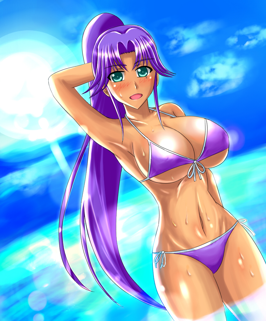 artist_request asuka_(dream_c_club_zero) bikini blush breasts cleavage dark_skin dream_c_club dream_c_club_(series) front-tie_top long_hair mole ponytail purple_hair side-tie_bikini_bottom smile swimsuit wet