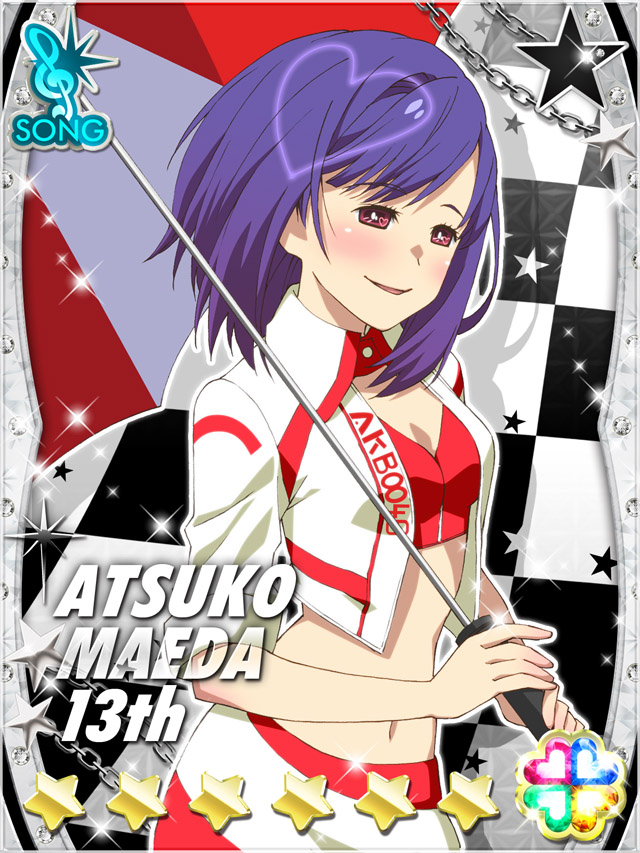 1girl akb0048 bandeau blush card_(medium) character_name checkered_background copyright_name cowboy_shot crop_top cropped_jacket heart holding holding_umbrella jacket maeda_atsuko_(akb0048) medium_hair midriff navel non-web_source official_art open_clothes open_jacket parasol pencil_skirt purple_eyes purple_hair race_queen red_bandeau skirt three-quarter_sleeves smile solo sparkle standing star_(symbol) three_quarter_view treble_clef umbrella