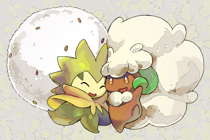 2others arm_up brown_eyes closed_eyes commentary_request eldegoss full_body gen_5_pokemon gen_8_pokemon happy hijirino_yuuta multiple_others nintendo no_humans no_nose open_mouth other_focus pokemon pokemon_(creature) whimsicott