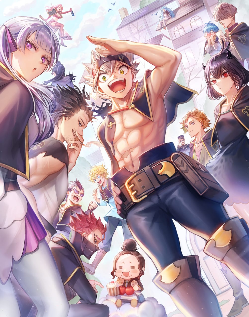 5girls 6+boys asta_(black_clover) black_bulls_(emblem) black_clover charmy_pappitson everyone finral_roulacase gauche_adlai gordon_agrippa grey_(black_clover) henry_legolant highres luck_voltia magna_swing multiple_boys multiple_girls nacht_faust noelle_silva secre_swallowtail tsugutoku vanessa_enoteca yami_sukehiro zora_ideale