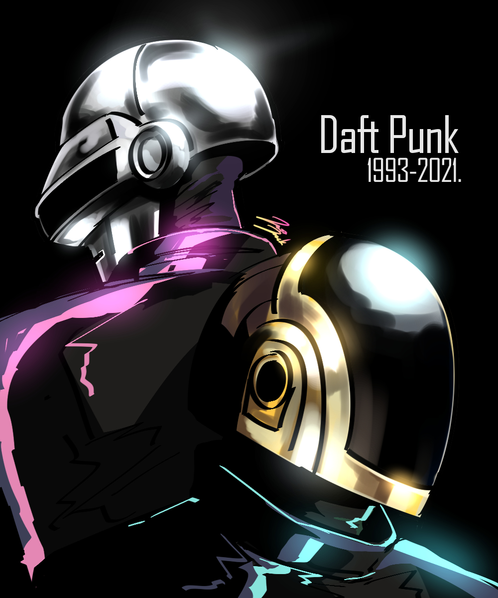 2boys back-to-back black_background black_coat character_name coat collared_coat daft_punk dated group_name guy_manuel_de_homem-christo helmet highres jazz_jack male_focus multiple_boys shiny_clothes simple_background thomas_bangalter upper_body