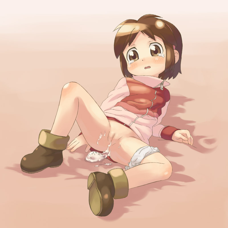 00s aftersex ass blob blush censored cleft_of_venus cum cum_in_pussy cum_on_body cum_on_lower_body cumdrip flat_chest loli majokko_tsukune-chan om_(nk2007) panties panties_around_leg pussy spread_legs tears tsukune_(majokko_tsukune-chan) underwear