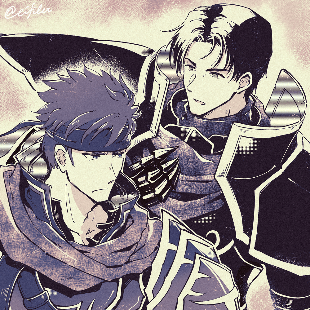 2boys armor clawed_gauntlets eifilet fire_emblem fire_emblem:_radiant_dawn gauntlets headband ike_(fire_emblem) male_focus multiple_boys nintendo pauldrons short_hair shoulder_armor spoilers twitter_username upper_body zelgius_(fire_emblem)