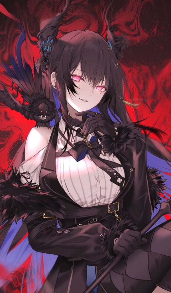 1girl bird black_gloves black_hair black_horns blue_hair cowboy_shot crow gloves glowing glowing_eyes hololive hololive_english horns long_hair mole mole_under_eye nerissa_ravencroft nerissa_ravencroft_(1st_costume) purple_eyes red_background shirt solevisionarts solo_focus virtual_youtuber white_shirt