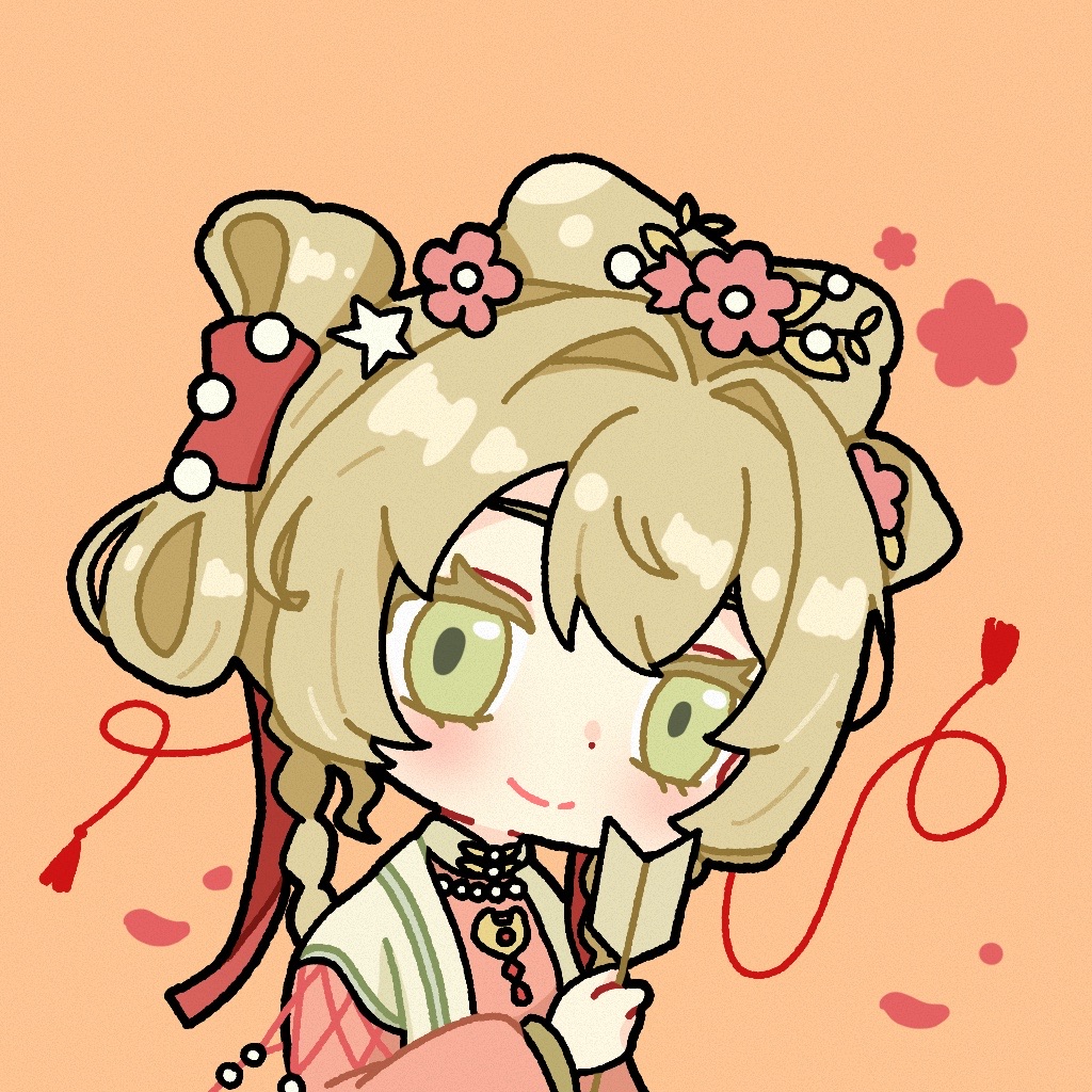 1girl blonde_hair braid chibi chinese_clothes flower green_eyes hair_flower hair_ornament hand_fan hand_up hanfu holding holding_fan looking_at_viewer low_twin_braids official_alternate_costume orange_background pink_flower pink_hanfu reverse:1999 shuangyaji smile solo sotheby sotheby_(the_red_thread_of_fate) tongyao_(su-yao) twin_braids upper_body