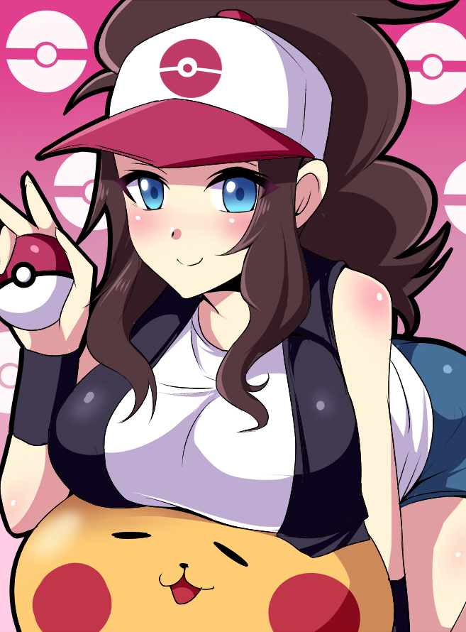 10s 1girl alternate_color baseball_cap blue_eyes breast_rest breasts brown_hair denim denim_shorts gen_1_pokemon hat hilda_(pokemon) holding holding_poke_ball large_breasts long_hair looking_at_viewer nintendo nishida_megane poke_ball pokemon pokemon_(creature) pokemon_bw ponytail raichu shiny_clothes shiny_skin shirt shorts smile vest white_shirt wristband