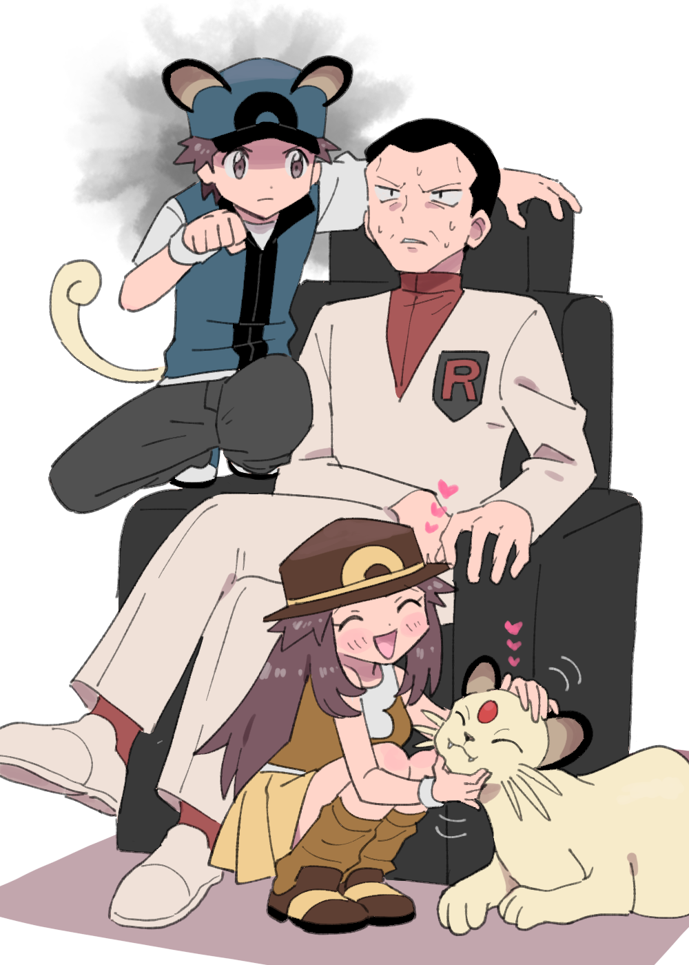 1girl 2boys animal_ears black_hair black_pants blue_hat blue_vest breasts brown_eyes brown_hair brown_hat brown_skirt brown_socks cat_boy cat_ears cat_tail chair commentary_request cosplay crossed_arms fangs frown giovanni_(pokemon) hat heart highres kemonomimi_mode leaf_(pokemon) loose_socks medium_breasts miniskirt multiple_boys nintendo official_alternate_color pants paw_pose persian_(pokemon) persian_(pokemon)_(cosplay) petting pleated_skirt pokemon pokemon_(creature) pokemon_masters_ex pumpkinpan red_(pokemon) shoes sitting skirt socks squatting sweat tail turtleneck vest white_shoes