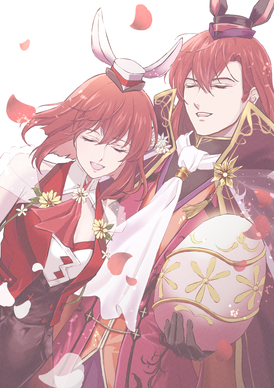 1boy 1girl brother_and_sister closed_eyes coat easter_egg egg fire_emblem fire_emblem:_mystery_of_the_emblem fire_emblem_heroes hair_between_eyes hat highres holding holding_egg leotard michalis_(fire_emblem) michalis_(spring)_(fire_emblem) minerva_(fire_emblem) minerva_(spring)_(fire_emblem) mini_hat neckerchief nintendo official_alternate_costume open_clothes open_coat open_mouth open_vest playboy_bunny red_hair red_neckerchief red_vest siblings teeth upper_teeth_only vest white_background yori_ilrosso