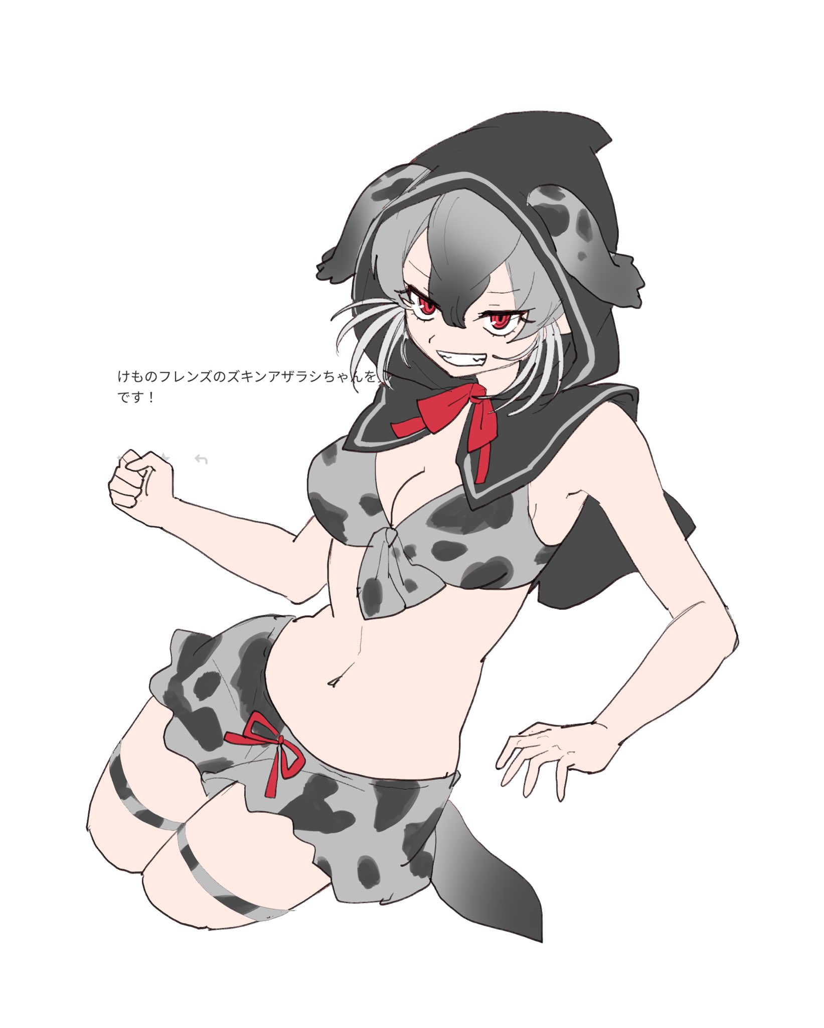 1girl bare_shoulders bikini bikini_skirt bow bowtie camouflage camouflage_bikini chicha_(chi_cha_rigbo) clenched_hand cowboy_shot fins gradient_background grey_bikini grey_hair grey_hood hair_between_eyes head_fins highres hooded_seal_(kemono_friends) kemono_friends midriff navel red_bow red_bowtie red_eyes short_hair sidelocks sleeveless smile solo swimsuit thigh_strap translation_request