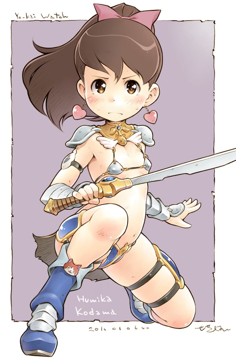 10s 1girl armor artist_name bikini_armor blush boots brown_eyes brown_hair character_name copyright_name dated earrings female_focus frown heart heart_earrings high_ponytail highres jewelry jibanyan kodama_fumika long_hair looking_at_viewer navel on_one_knee partially_visible_vulva ponytail romaji_text sekihan solo sword weapon whisper_(youkai_watch) youkai_watch