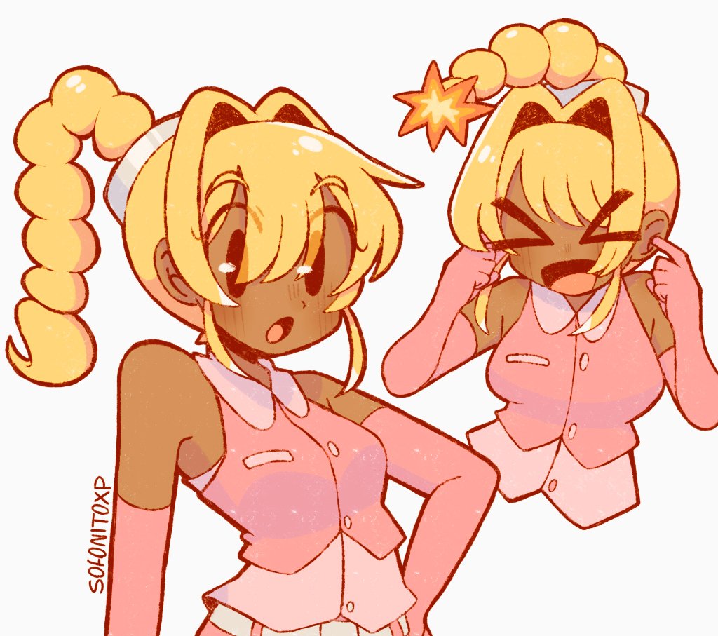 &gt;_&lt; 1girl :d black_eyes blonde_hair blush bombette braid breasts dark-skinned_female dark_skin elbow_gloves gloves hair_intakes long_hair looking_at_viewer mario_(series) medium_breasts nintendo open_mouth paper_mario pink_gloves simple_background single_braid smile sofo_soup solo tongue white_background xd