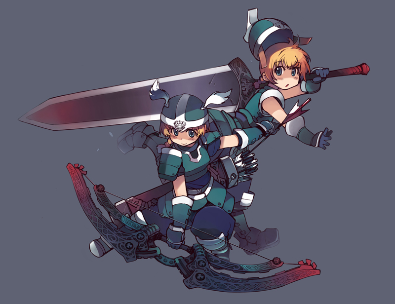2girls armor arrow_(projectile) blonde_hair blue_eyes blush_stickers bow_(weapon) braid breastplate character_request commentary_request compound_bow faulds gauntlets greatsword grey_background helmet huge_weapon mil_(xration) multiple_girls over_shoulder quiver ragnarok_online raydric short_hair single_braid sword weapon weapon_over_shoulder winged_helmet zweihander