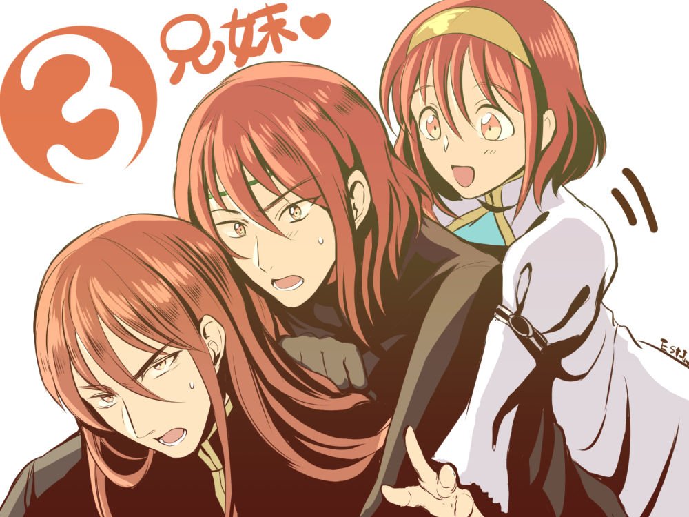 1boy 2girls blush brother_and_sister fire_emblem fire_emblem:_mystery_of_the_emblem gloves hug long_hair maria_(fire_emblem) minerva_(fire_emblem) misheil_(fire_emblem) multiple_girls nintendo red_eyes red_hair short_hair siblings sisters smile