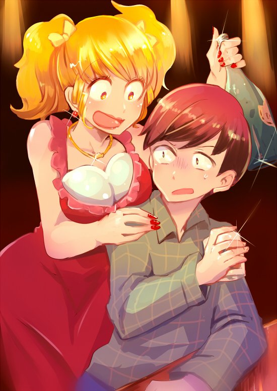 1boy 1girl arm_on_table bar_(place) bare_arms bare_shoulders blonde_hair blue_pants bottle bow breasts brown_hair character_request collared_shirt commentary_request copyright_request cowboy_shot cup disgust dress drink drinking_glass eyelashes frilled_dress frills frown gold_necklace green_eyes green_shirt hair_bow hanada_hyou hand_on_another&#039;s_shoulder holding holding_bottle holding_drink indoors jewelry large_breasts long_dress long_sleeves looking_at_another medium_hair nail_polish necklace open_mouth pants plaid_clothes plaid_shirt red_dress red_nails shirt short_hair short_twintails sitting sleeve_cuffs sleeveless sleeveless_dress sparkle sweatdrop tareme turn_pale twintails wide-eyed wine_bottle yellow_bow yellow_eyes