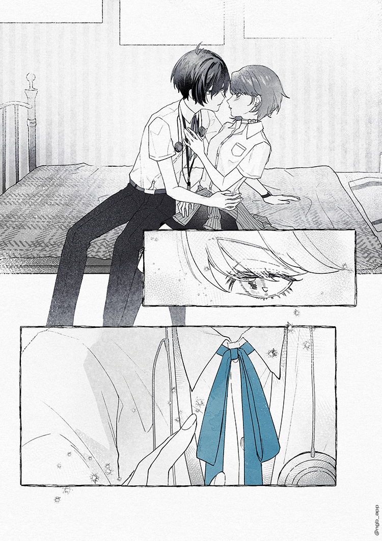 1boy 1girl arm_support bed belt black_pants black_skirt black_socks blue_ribbon cardigan cardigan_around_waist choker close-up clothes_around_waist collared_shirt commentary_request couple digital_media_player digital_walkman earphones earrings eye_contact eyelashes feet_out_of_frame greyscale hair_between_eyes hand_on_another&#039;s_hip headphones headphones_around_neck imminent_kiss indoors jewelry kaori kneehighs leaning_back leaning_forward light_blush looking_at_another miniskirt monochrome neck_ribbon pants parted_lips persona persona_3 persona_3_reload pillow profile ribbed_cardigan ribbon shirt short_hair short_sleeves sitting skirt socks sparkle spot_color stud_earrings summer_uniform takeba_yukari twitter_username walkman_nw-s203f white_shirt yuuki_makoto_(persona_3)
