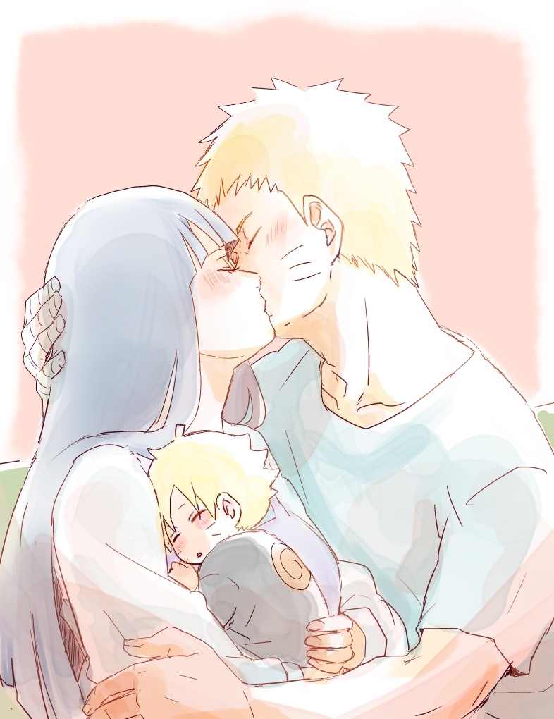 1girl 2boys blonde_hair blush boruto:_naruto_next_generations couple facial_mark family father_and_son hetero husband_and_wife hyuuga_hinata kiss long_hair meitarou mother_and_son multiple_boys naruto_(series) short_sleeves uzumaki_boruto uzumaki_naruto whisker_markings