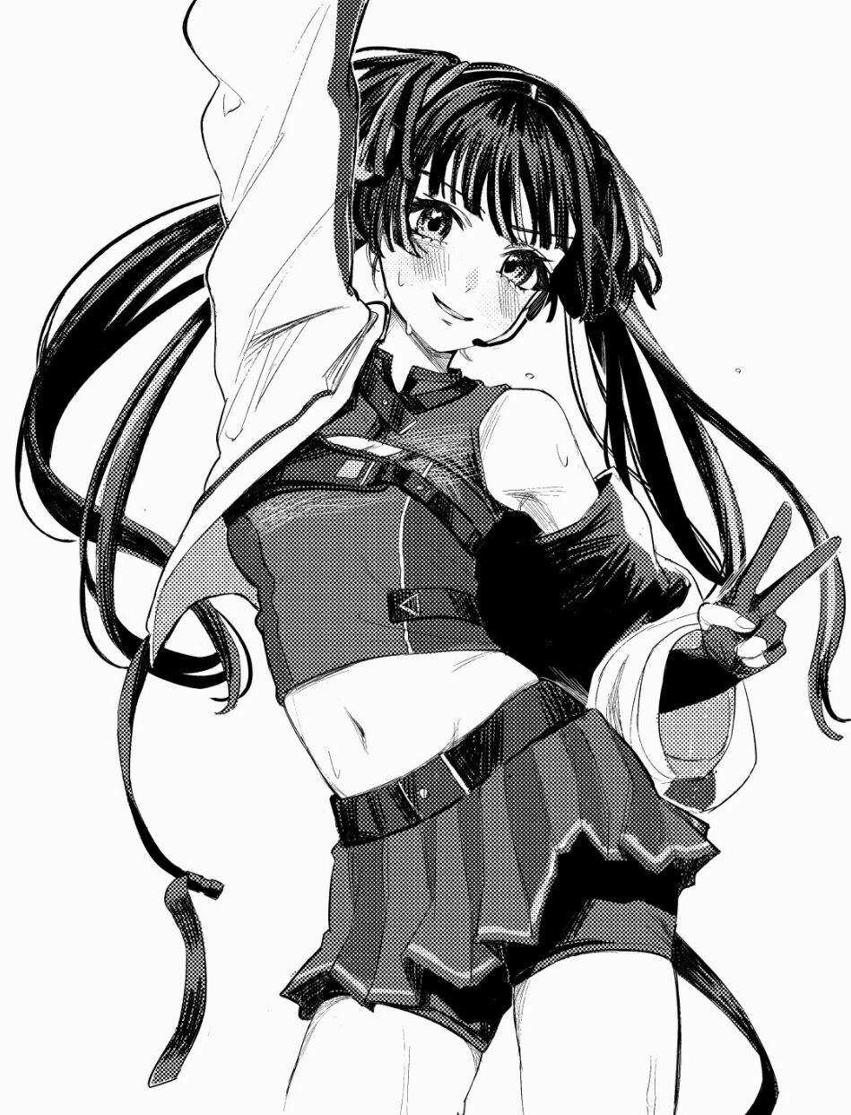 1girl arm_up bike_shorts bike_shorts_under_skirt blush breasts gloves greyscale headset highres idolmaster idolmaster_shiny_colors jacket jacket_partially_removed long_hair looking_at_viewer mayuzumi_fuyuko medium_breasts midriff miniskirt monochrome navel partially_fingerless_gloves simple_background skirt smile solo stomach sweat tanupon twintails v very_long_hair white_background