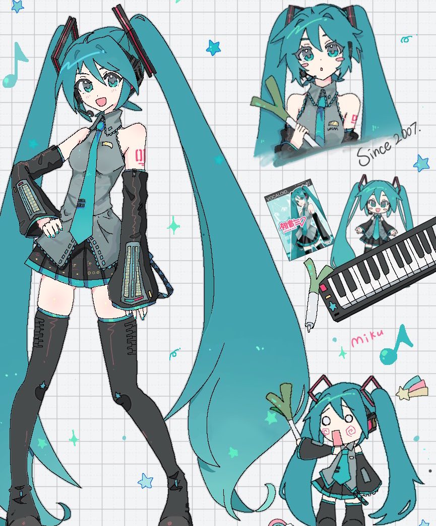 1girl 2007 :o aqua_eyes aqua_hair aqua_necktie bare_shoulders black_footwear black_skirt black_sleeves blush_stickers boots box breasts character_name collared_shirt commentary contrapposto detached_sleeves dot_nose eighth_note english_text food grey_shirt grid_background hachune_miku hair_between_eyes hair_ornament hand_on_own_hip hatsune_miku headset holding holding_food holding_spring_onion holding_vegetable instrument keyboard_(instrument) long_hair looking_at_viewer minazuki_(minaduki_0318) multiple_views musical_note necktie o_o open_mouth pigeon-toed pleated_skirt rainbow shirt skirt sleeveless sleeveless_shirt smile spring_onion star_(symbol) thigh_boots twintails vegetable very_long_hair vocaloid