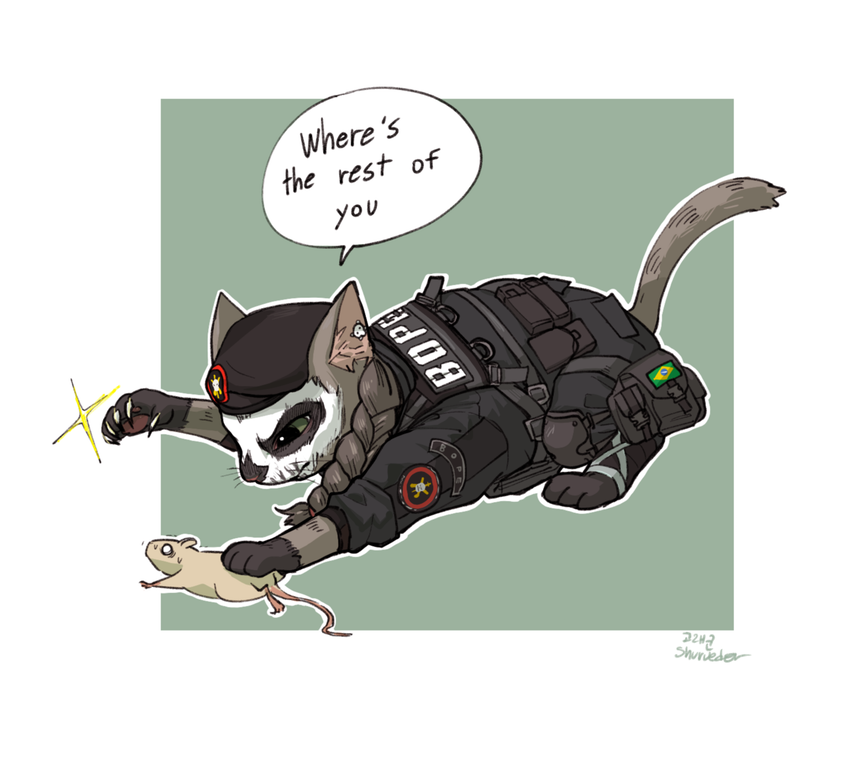 animal animalization bope brazilian_flag cat caveira_(rainbow_six_siege) english_text golaegun hat insignia mouse_(animal) no_humans patch rainbow_six rainbow_six_siege