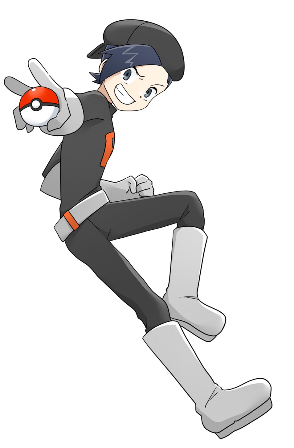 1boy belt black_bodysuit black_hair black_hat bodysuit clenched_hand commentary_request cosplay ethan_(pokemon) foreshortening full_body gloves grey_belt grey_footwear grey_gloves grin hat highres holding holding_poke_ball looking_at_viewer male_focus mashiro_eaka nintendo poke_ball poke_ball_(basic) pokemon pokemon_hgss short_hair simple_background smile solo team_rocket team_rocket_grunt team_rocket_grunt_(cosplay) team_rocket_uniform white_background