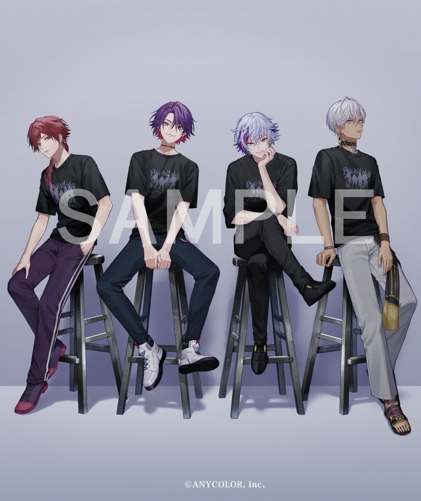 4boys arm_support between_legs black_choker black_pants black_sash black_shirt black_shoes blue_eyes bracelet brown_pants brown_sandals choker closed_mouth colored_inner_hair copyright_notice crossed_legs curtained_hair dark-skinned_male dark_skin dress_shoes ear_piercing earrings full_body fuwa_minato green_eyes grey_background grey_hair grey_pants hair_between_eyes hair_intakes hair_over_shoulder hand_between_legs hand_in_pocket hand_on_own_knee head_on_hand head_rest high_tops ibrahim_(nijisanji) inaotteko_ze jewelry lauren_iroas lineup long_hair looking_at_viewer low_ponytail male_focus multicolored_hair multiple_boys nijisanji official_art pants parted_lips piercing pink_hair ponytail print_shirt purple_eyes purple_hair red_hair sample_watermark sandals sash shadow shirt shoes short_hair short_sleeves sideways_glance simple_background sitting smile sneakers stool streaked_hair swept_bangs t-shirt triangle_earrings two-tone_hair virtual_youtuber watarai_hibari watermark white_shoes wristband yellow_eyes