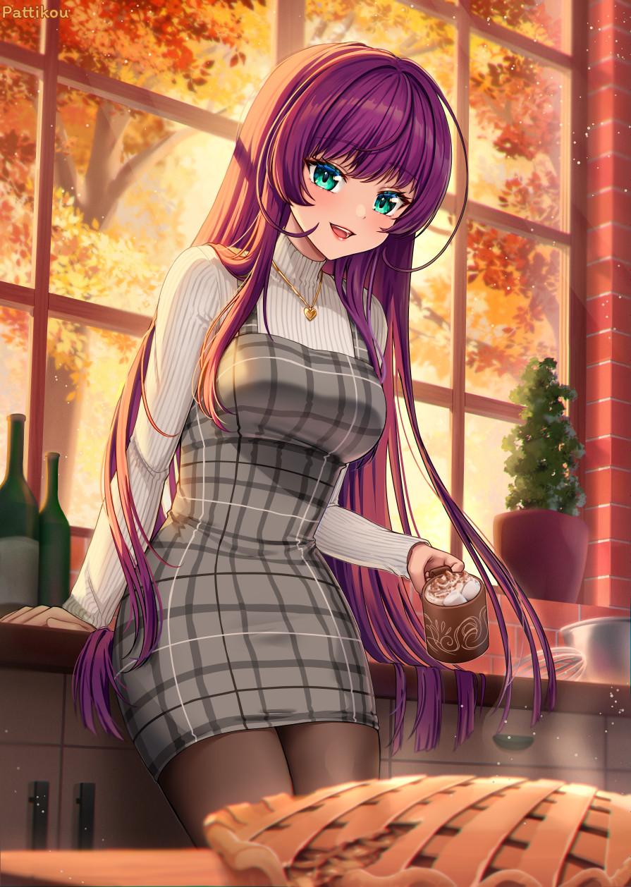 1girl :d aqua_eyes arm_support artist_name autumn blurry bottle brown_pantyhose coffee_mug cup depth_of_field dot_nose dress food gold_necklace grey_dress hair_intakes heart heart_necklace highres holding holding_cup indoors jewelry kitchen leaning_on_table light_blush light_particles long_hair looking_at_viewer mug necklace open_mouth original pantyhose pattikou pie pinafore_dress pink_lips plaid_clothes plaid_dress plant potted_plant purple_hair sidelocks sleeveless sleeveless_dress smile sweater teeth tree turtleneck turtleneck_sweater upper_teeth_only very_long_hair white_sweater window wine_bottle