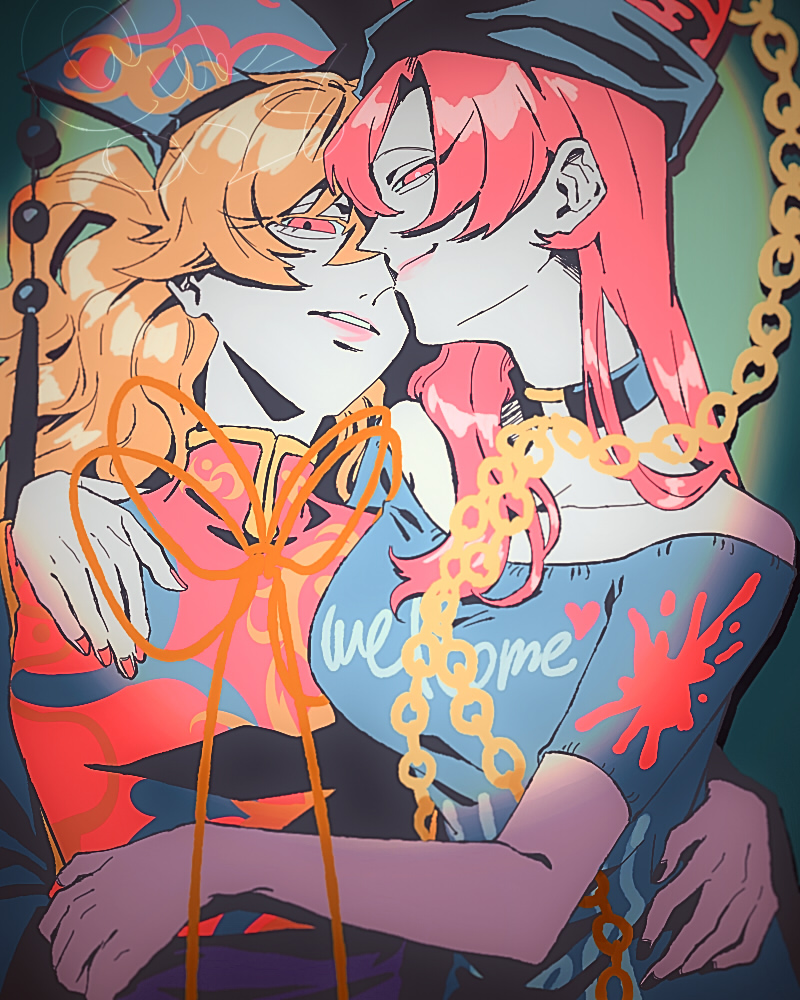 2girls aegyo_sal arm_around_shoulder arm_around_waist bare_shoulders black_choker black_hat black_nails blonde_hair breasts bright_pupils chain choker clothes_writing collarbone colored_eyelashes commentary dalachi_(headdress) gold_chain green_background hat hecatia_lapislazuli junko_(touhou) long_eyelashes long_sleeves looking_at_viewer mandarin_collar multiple_girls off-shoulder_shirt off_shoulder parted_lips pink_lips raya_(uk_0128) red_eyes red_hair red_nails shirt short_sleeves tabard touhou twitter_username underworld_(ornament) upper_body white_pupils yuri