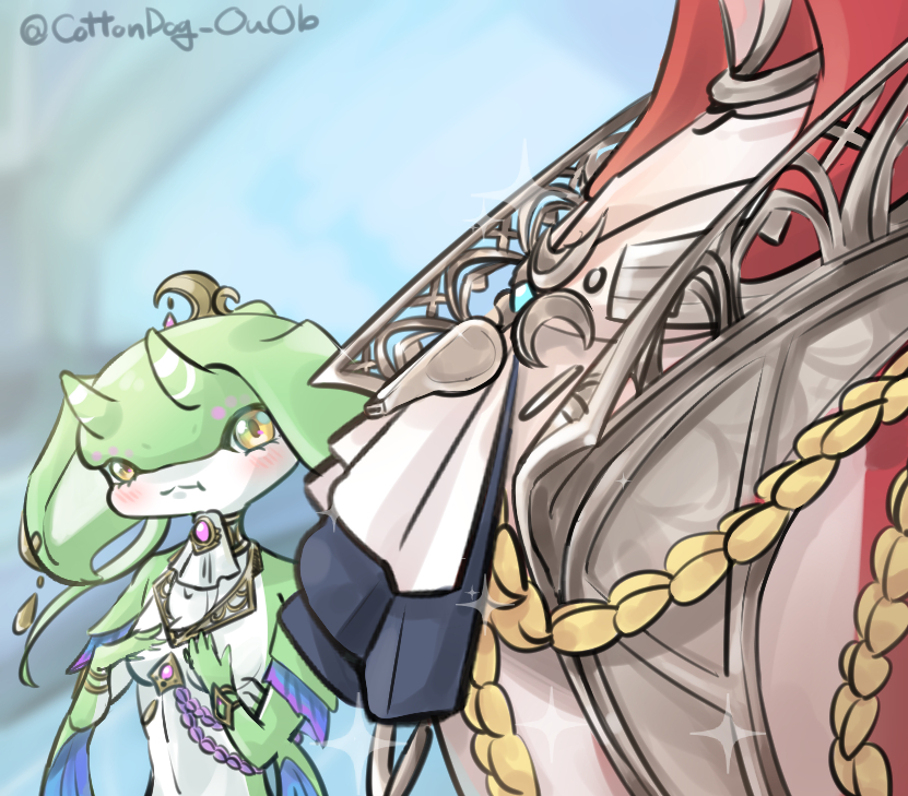 1boy 1girl artist_name blush bracelet breast_envy colored_skin cottondog_ouob fish_boy from_side furry gem girl_staring_at_guy&#039;s_chest_(meme) green_horns horns jewelry looking_at_another looking_at_pectorals meme nintendo pectorals pout red_skin sidon sparkle the_legend_of_zelda the_legend_of_zelda:_tears_of_the_kingdom upper_body whistle yellow_eyes yona_(zelda) zora
