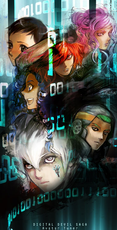 2girls 4boys argilla black_eyes black_hair blue_eyes blue_hair cielo_(dds) digital_devil_saga gale_(dds) green_eyes green_hair grey_eyes grey_hair heat_(dds) multiple_boys multiple_girls niin pink_eyes pink_hair red_eyes red_hair serph