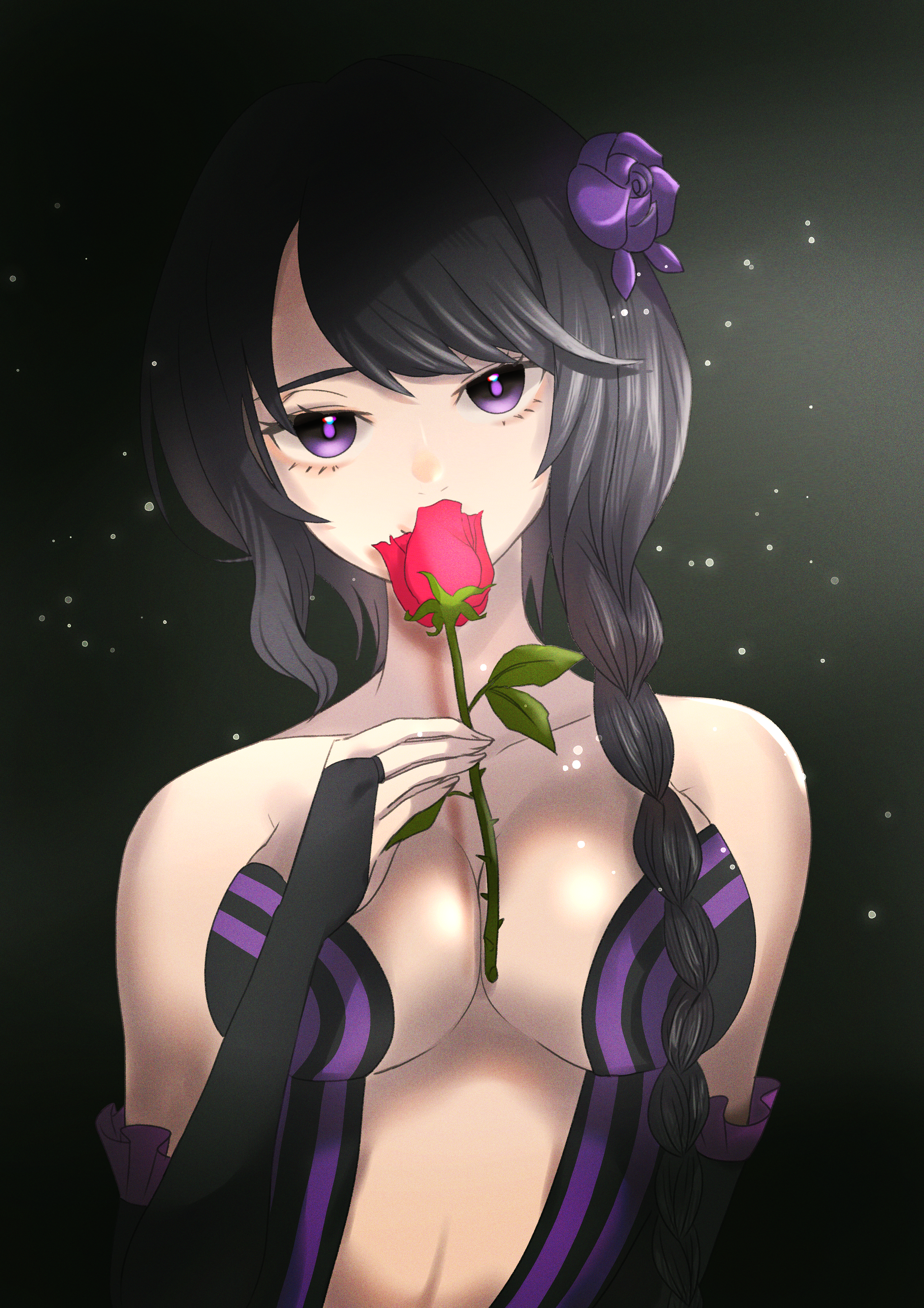 1girl absurdres bare_shoulders black_dress black_hair braid braided_ponytail breasts bridal_gauntlets center_opening cleavage collarbone detached_sleeves dress elsa_granhilte flower frilled_sleeves frills hair_flower hair_ornament highres holding holding_flower large_breasts long_hair looking_at_viewer purple_eyes purple_flower purple_rose re:zero_kara_hajimeru_isekai_seikatsu red_flower red_rose revealing_clothes rose solo