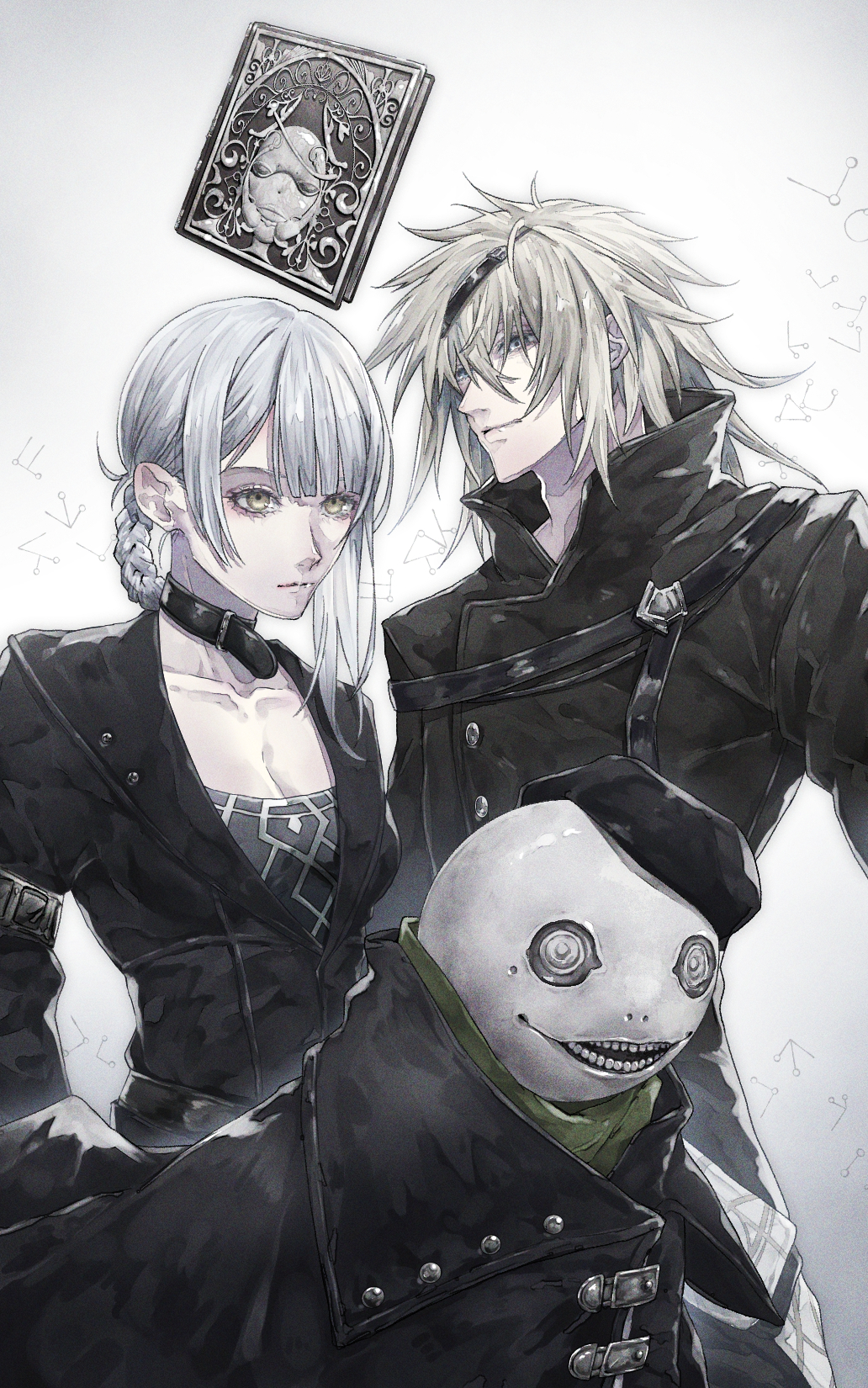 1boy 1girl 2others asymmetrical_hair black_choker black_coat black_hat black_jacket book breasts choker cleavage closed_mouth coat collarbone commentary emil_(nier) gradient_background grey_eyes grimoire_weiss hair_between_eyes hat highres jacket kaine_(nier) medium_hair messy_hair multiple_others nier nier_(brother) nier_(series) official_alternate_costume setsumushi short_hair simple_background white_background white_hair yellow_eyes