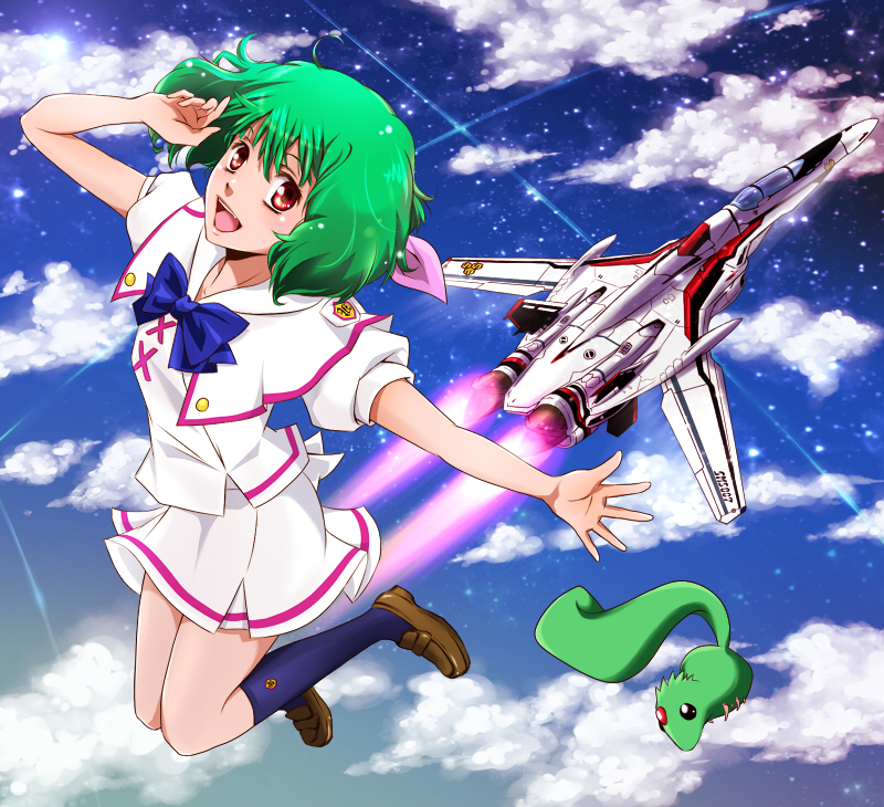 1girl ai-kun aircraft airplane alien cloud female_focus flying green_hair jet macross macross_frontier mecha moon-p pet ranka_lee red_eyes robot s.m.s. school_uniform science_fiction serafuku short_hair sky solo spacecraft star_(sky) vajra_(macross) vf-25