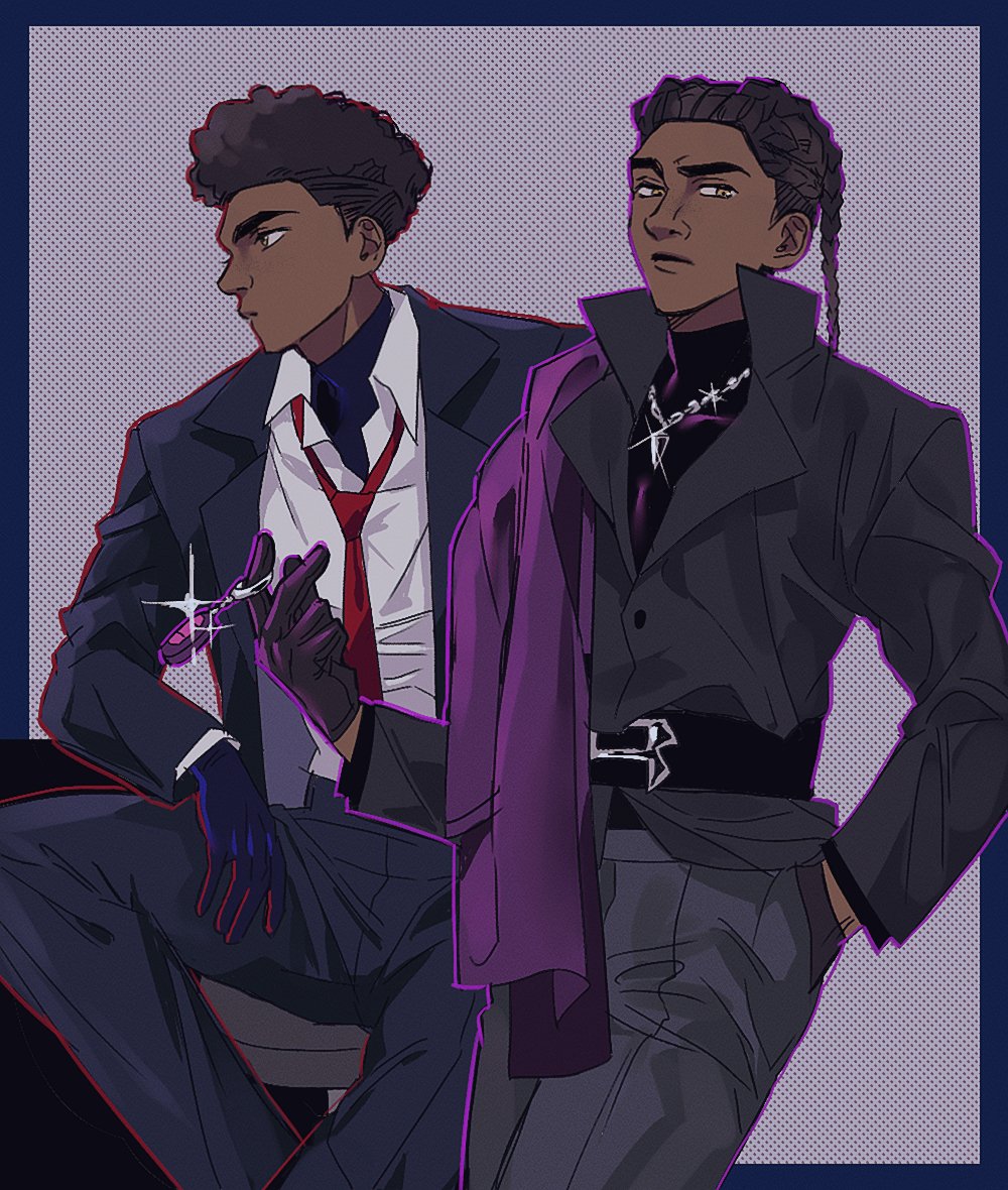 2boys animification belt black_belt black_hair black_shirt blue_bodysuit blue_border blue_jacket blue_pants bodysuit bodysuit_under_clothes border braid buttons chair charm_(object) closed_mouth collared_jacket collared_shirt dark-skinned_male dark_skin dual_persona formal_clothes grey_jacket grey_pants gugusam0 half-closed_eyes hand_in_pocket hand_up holding jacket lapels long_hair long_sleeves looking_at_viewer looking_to_the_side male_focus marvel miles_g._morales miles_morales multiple_boys necktie open_clothes open_jacket outside_border pants pocket purple_background red_necktie shirt short_hair simple_background sitting spider-man:_across_the_spider-verse spider-man_(miles_morales) spider-man_(series) spider-verse suit superhero_costume twin_braids white_shirt yellow_eyes