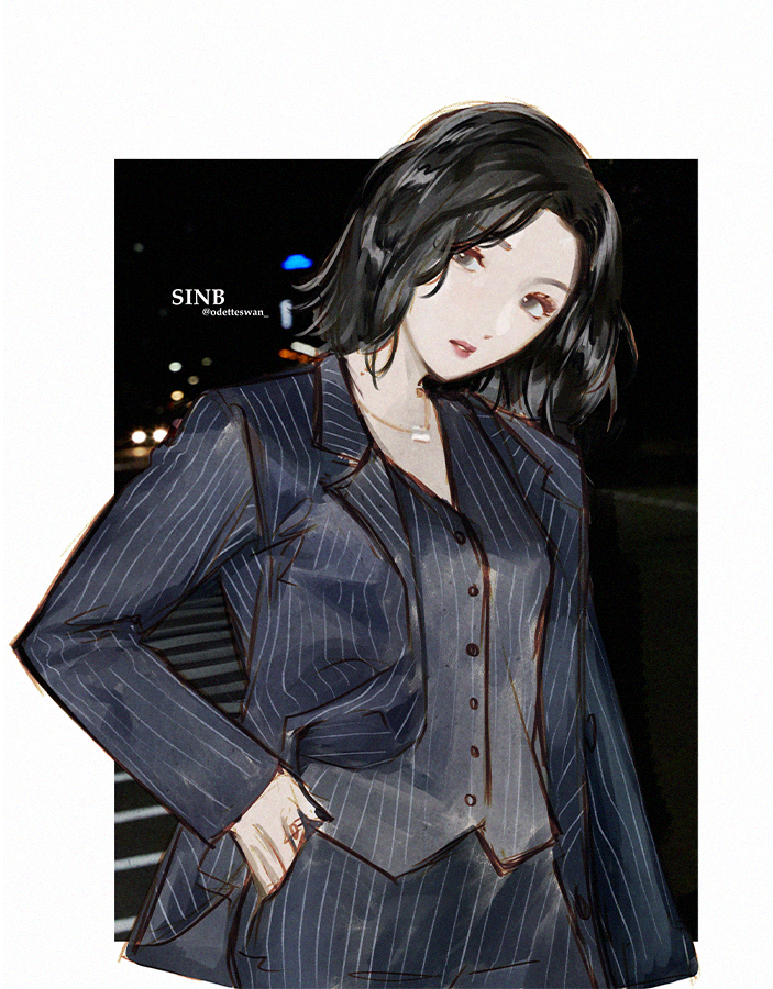 1girl adirosa artist_name_(singer) black_hair black_nails black_suit border commentary cowboy_shot formal_clothes gfriend hand_in_pocket jacket jewelry k-pop looking_at_viewer necklace parted_lips real_life ring short_hair sinb_(gfriend) solo striped_clothes striped_jacket suit symbol-only_commentary twitter_username vertical-striped_clothes vertical-striped_jacket vest white_border