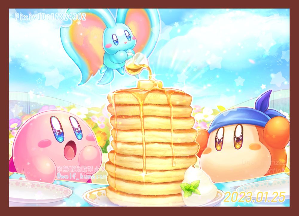 :o arms_up artist_name bandana bandana_waddle_dee blue_bandana blue_eyes blue_sky blush blush_stickers border brown_border brown_eyes bush butter cloud commentary_request dated day elfilin flower food holding kirby kirby_(series) kumaoka_pon nintendo no_humans notched_ear open_mouth orange_flower outdoors pancake pancake_stack pink_flower pitcher_(container) pixiv_id plate pouring sky sparkling_eyes star_(symbol) star_in_eye symbol_in_eye syrup twitter_username watermark white_flower