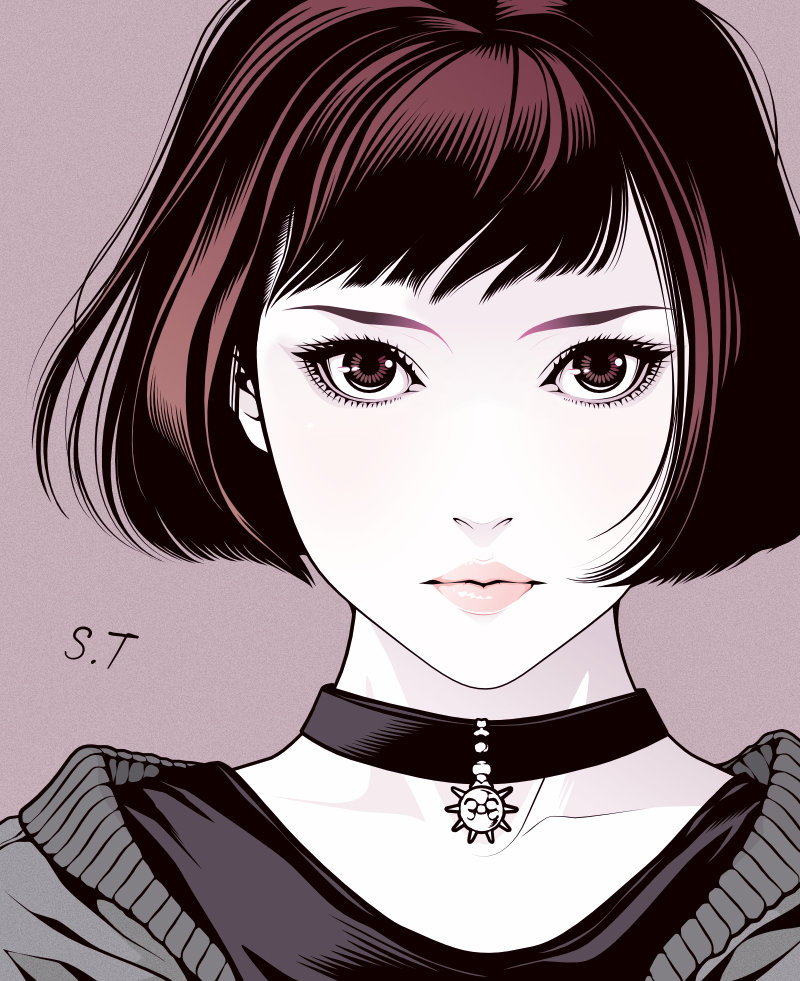 1girl black_collar black_shirt brown_eyes brown_hair closed_mouth collar collarbone commentary_request eyelashes eyeshadow grey_background grey_sweater leon_the_professional limited_palette lips looking_at_viewer makeup mathilda_lando pale_skin portrait shirt short_hair signature simple_background solo spot_color sweater takanashi_shin