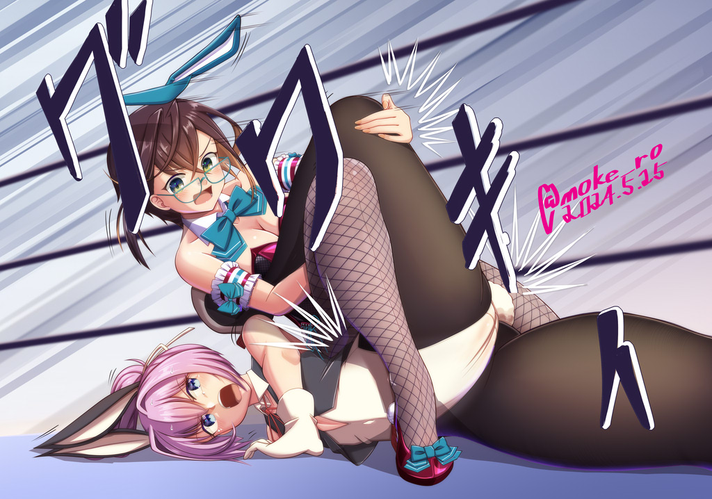 2girls adapted_costume animal_ears black_hair black_pantyhose black_vest blue_eyes bow bowtie breasts brown_hair catfight cleavage colored_inner_hair detached_collar fake_animal_ears fishnet_pantyhose fishnets glasses gloves grey_pantyhose hair_intakes hashtag-only_commentary kantai_collection leotard medium_breasts moke_ro multicolored_hair multiple_girls okinami_(kancolle) pantyhose pink_hair playboy_bunny ponytail purple_eyes rabbit_ears rabbit_tail shiranui_(kancolle) short_hair single_leg_boston_crab strapless strapless_leotard submission_hold tail vest white_gloves wrestling wrestling_ring