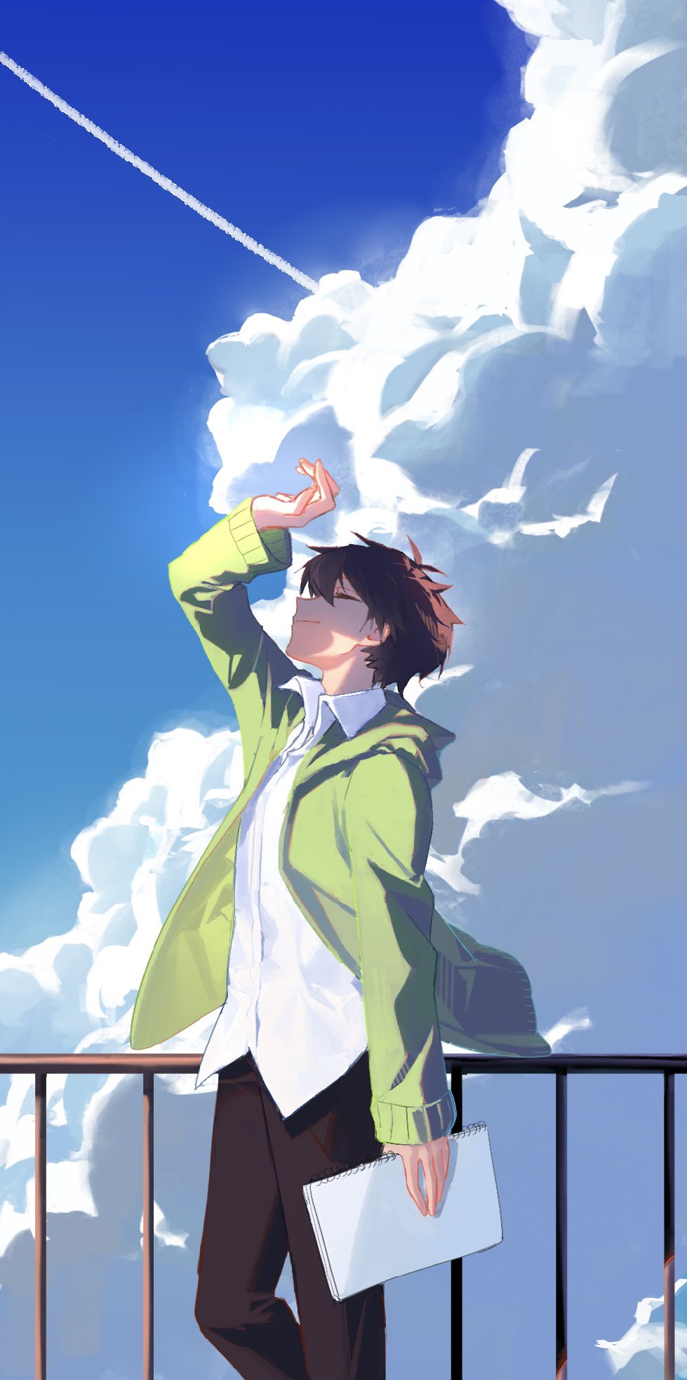1boy black_pants blue_sky cardigan closed_eyes cloud collared_shirt contrail cumulonimbus_cloud green_cardigan green_hoodie hand_up highres holding holding_sketchbook hood hooded_cardigan hoodie jacket kagerou_project kokonose_haruka long_sleeves munidoru open_clothes open_jacket pants railing shirt sketchbook sky solo white_shirt
