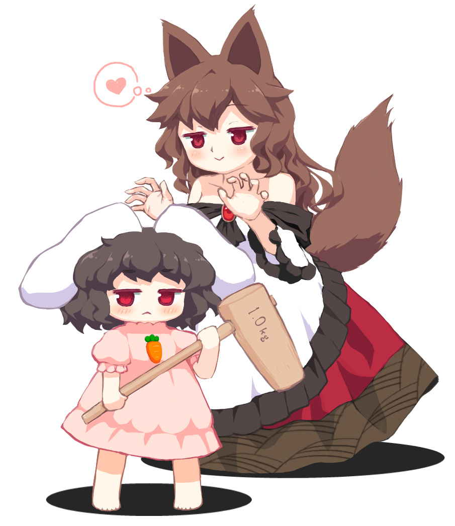 2girls :&gt; :&lt; animal_ears barefoot bebeneko black_hair blush brown_hair carrot_necklace chibi claw_pose closed_mouth commentary_request dress floppy_ears full_body heart imaizumi_kagerou inaba_tewi jewelry kine long_hair looking_at_another looking_at_viewer mallet multiple_girls necklace off-shoulder_shirt off_shoulder pink_dress rabbit_ears rabbit_girl red_brooch red_eyes red_skirt shirt short_hair simple_background skirt spoken_heart standing tail touhou white_background white_shirt wolf_ears wolf_girl wolf_tail
