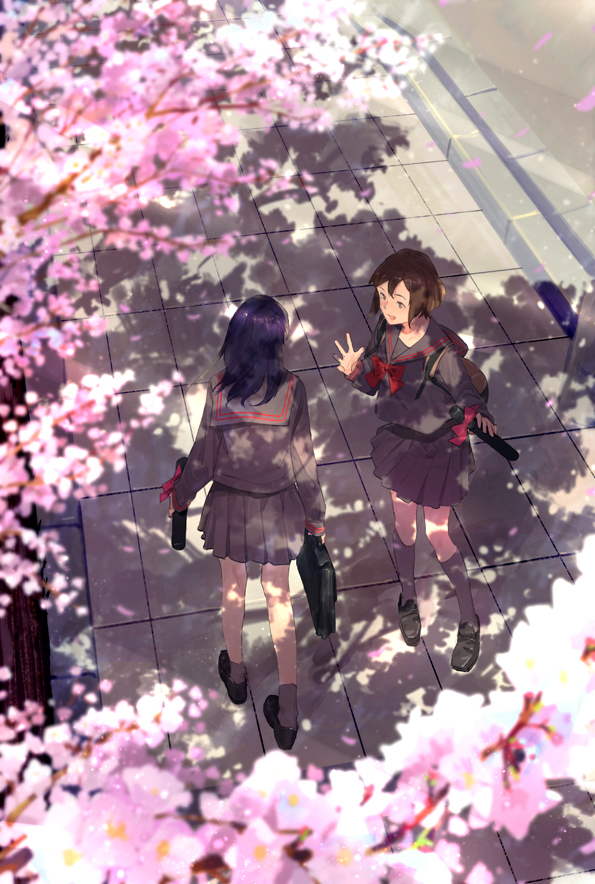 2girls backpack bag black_hair blurry brown_hair cherry_blossoms commentary dappled_sunlight depth_of_field diploma from_above graduation hand_up happy kneehighs light_particles loafers long_hair long_sleeves looking_at_another multiple_girls original petals road school_bag school_uniform serafuku shoes short_hair sidewalk smile socks somehira_katsu street sunlight tree tube walking walking_backwards