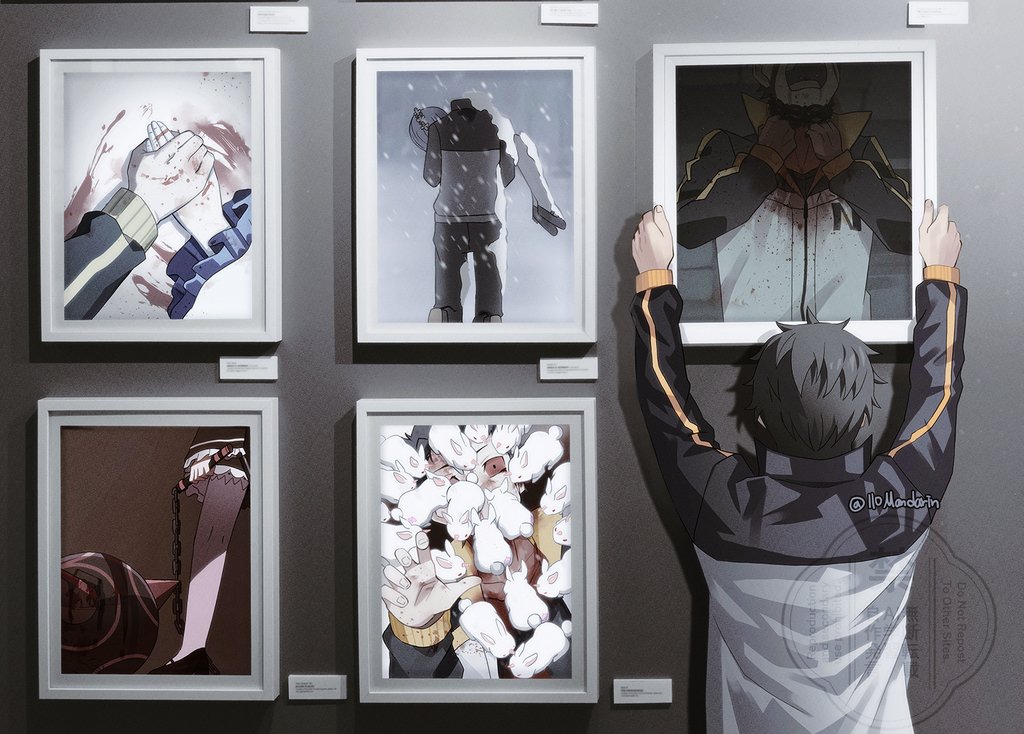 1boy animal arms_up art_gallery blood carrying chain death decapitation emilia_(re:zero) from_behind hands_up holding holding_hands holding_picture_frame implied_murder mace male_focus mandarin_cookie natsuki_subaru picture_frame princess_carry re:zero_kara_hajimeru_isekai_seikatsu rem_(re:zero) solo spiked_mace spikes strangling symbolism track_suit weapon white_rabbit_(animal)