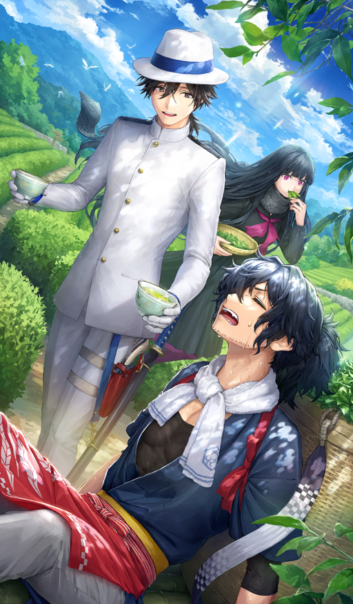 1girl 2boys apron arm_support basket beard_stubble bird black_eyes black_hair black_sailor_collar black_serafuku black_shirt black_skirt blue_kimono blue_ribbon blue_sky blunt_bangs buttons chawan closed_eyes cloud commentary covered_pectorals cup day double-parted_bangs dutch_angle eating exhausted facial_hair farm fate/grand_order fate_(series) fedora floating green_tea grey_scarf gudaguda_shin_yamatai-koku gun hair_between_eyes hair_over_one_eye handgun hat hat_ribbon high_collar holding holding_basket holding_cup holstered jacket japanese_clothes katana kimono kouzuki_kei layered_sleeves leaf long_hair long_skirt long_sleeves looking_at_another low_ponytail male_focus midair military_jacket mountain mouth_hold multiple_boys neckerchief official_alternate_costume official_art okada_izou_(fate) one_eye_covered open_mouth oryou_(fate) outdoors pants pantyhose pectoral_cleavage pectorals pink_eyes pink_neckerchief pink_pantyhose ponytail red_apron red_ribbon ribbon sailor_collar sakamoto_ryouma_(fate) sash scarf school_uniform serafuku sheath sheathed shirt shirt_under_kimono short_sleeves shoulder_boards sidelocks sitting skirt sky smile standing stubble sunlight sweat sword tasuki tea teeth thigh_strap third-party_source three-quarter_sleeves towel towel_around_neck tree very_long_hair waist_apron weapon white_hat white_jacket white_pants yellow_sash