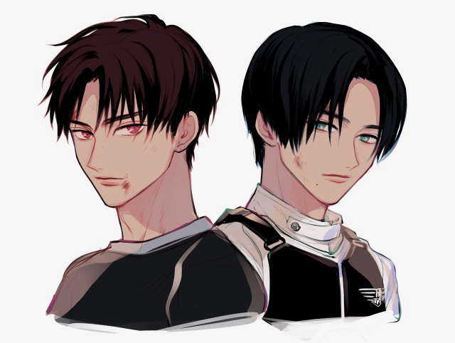 2boys after_battle aqua_eyes black_hair black_jacket black_shirt brothers brown_hair bruise bruise_on_face clothes_pull determined eyebrows fenix_uniform gloves igarashi_daiji igarashi_ikki injury jacket kamen_rider kamen_rider_revice limited_palette looking_at_viewer male_focus multiple_boys shirt short_hair siblings simple_background smile stamp_mark upper_body vest white_gloves zo_ochi2