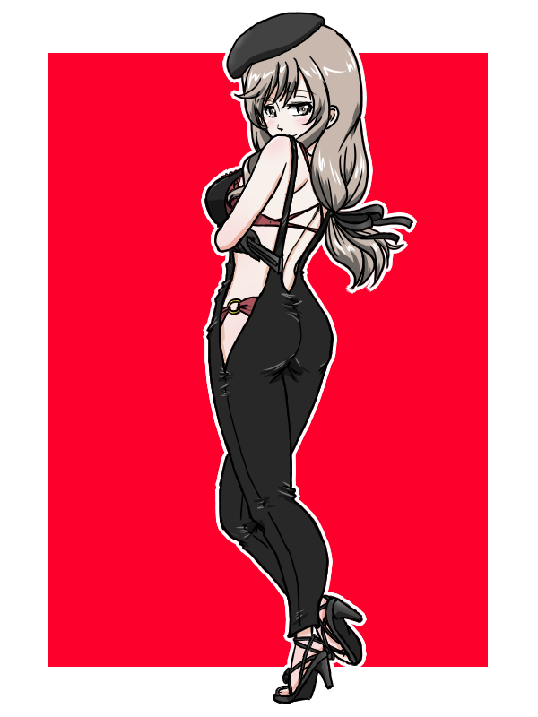1girl bikini black_hat black_overalls black_ribbon black_shoes from_behind girls_und_panzer green_eyes grey_hair hand_fan hat high_heels holding holding_fan long_hair low_ponytail mature_female o-ring o-ring_bikini overalls pants ponytail red_background red_bikini ribbon shimada_chiyo shoes simple_background swimsuit takahashi_kurage